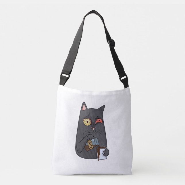 Vector black cat drinks coffee and spills past the crossbody bag (Front)