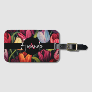 Vector Colourful Leafy Monogram Tulip Pattern Luggage Tag