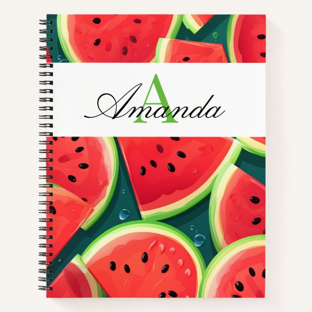 Vector Green Watermelon Seamless Pattern Monogram Notebook (Front)