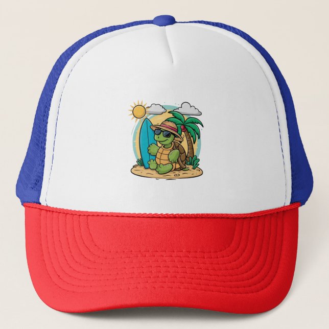 Vector illustration of a green sea turtle wearing trucker hat (Front)