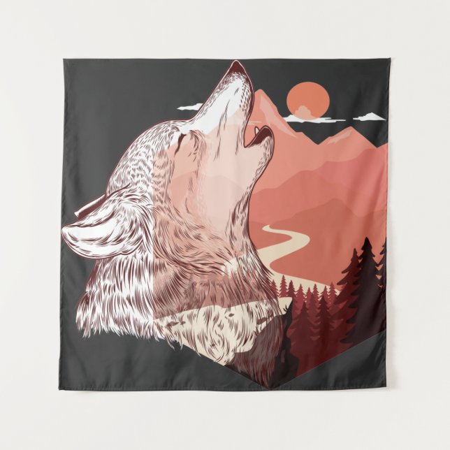 Vector illustration of a howling wolf Landscape T- Tapestry (Front)