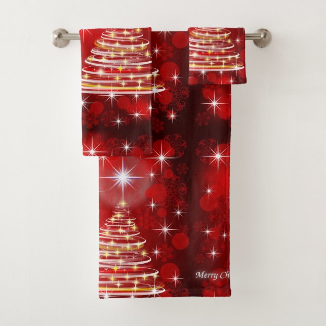Vector Merry Christmas Tree Stars Bath Towel Set (Insitu)