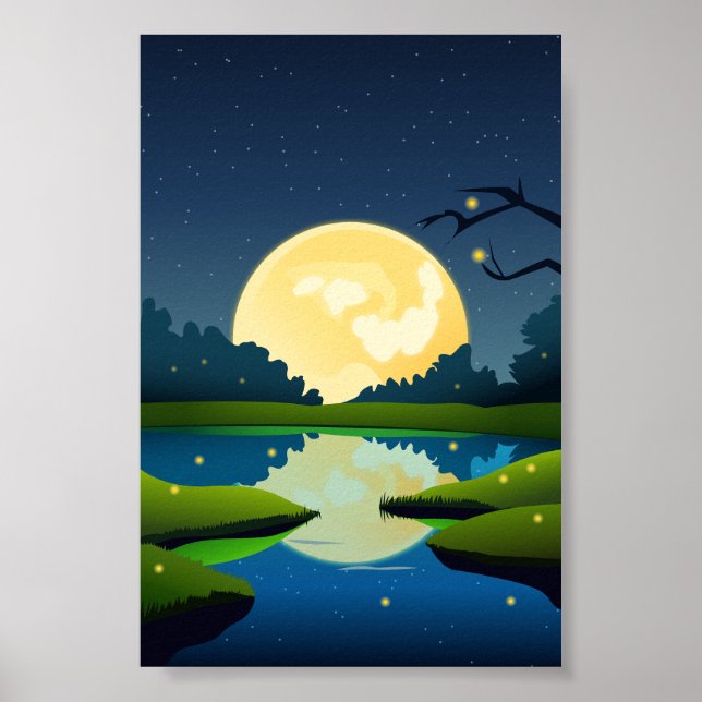 Vector Moonlight Night Time Landscape Background  Poster (Front)