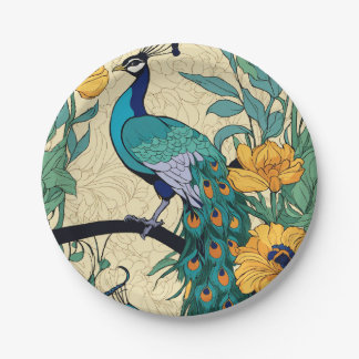 vector, seamless pattern featuring peacock printed paper plate