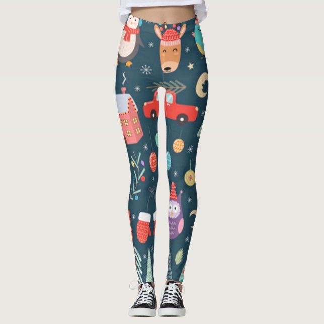 vector set-cute christmas elements santa penguin leggings (Front)