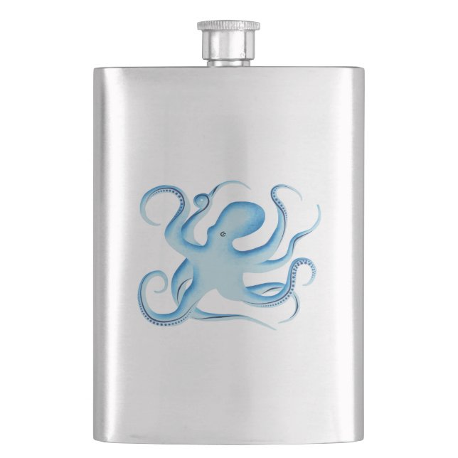 Vector Silhouette of Blue Octopus Hip Flask (Front)