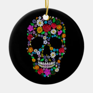 Vector vintage embroidered flower skull. muertos d ceramic tree decoration