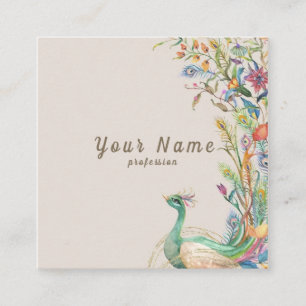 Vector watercolor peacocks flowers illustration bu square business card