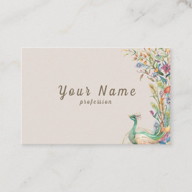 Vector watercolor peacocks flowers illustration business card (Front)
