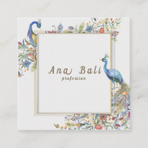 Vector watercolor peacocks flowers illustration square business card