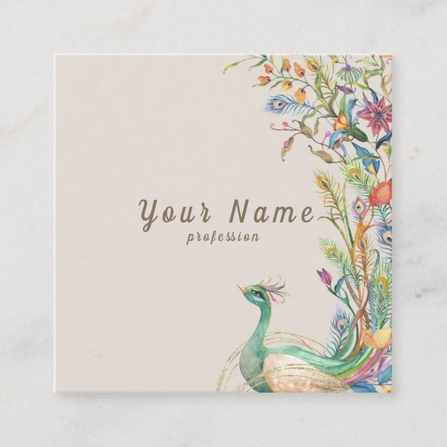 Vector watercolor peacocks flowers illustration square business card (Front)