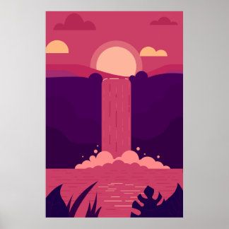 Vector Waterfall Background at Sunset Poster