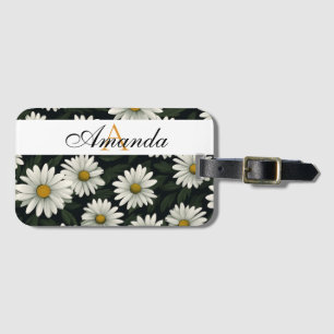 Vector White Daisy Seamless Pattern Monogramed Luggage Tag
