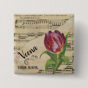 Veena Tulip Vintage Sheet Music Customised 15 Cm Square Badge