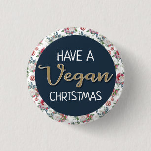 Vegan Christmas retro blue and gold wintry floral 3 Cm Round Badge