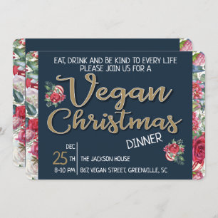 Vegan Christmas retro blue and gold wintry floral Invitation