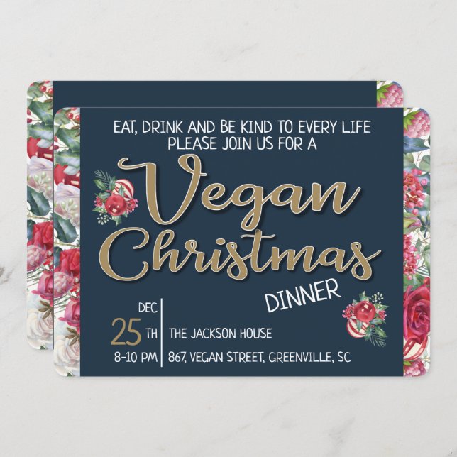 Vegan Christmas retro blue and gold wintry floral Invitation (Front/Back)