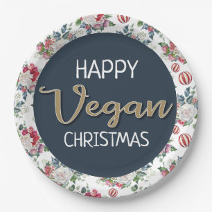 Vegan Christmas retro blue and gold wintry floral Paper Plate