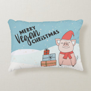 Vegan Christmas with cartoon piglet and presents Decorative Cushion