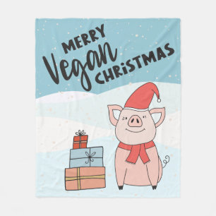 Vegan Christmas with cartoon piglet and presents Fleece Blanket