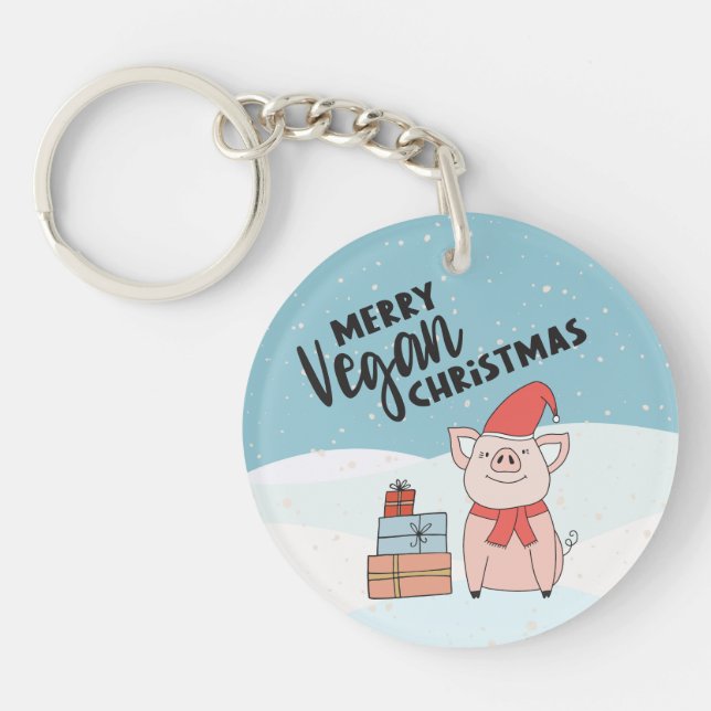 Vegan Christmas with cartoon piglet and presents Key Ring (Front)