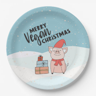 Vegan Christmas with cartoon piglet and presents Paper Plate