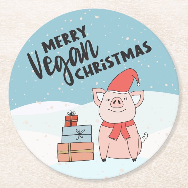 Vegan Christmas with cartoon piglet and presents Round Paper Coaster (Front)