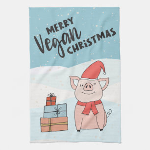 Vegan Christmas with cartoon piglet and snowflakes Tea Towel