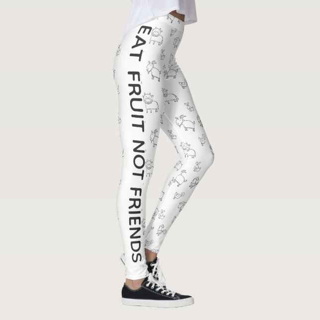 Vegan Eat fruit not friends white cartoon animals Leggings (Right)