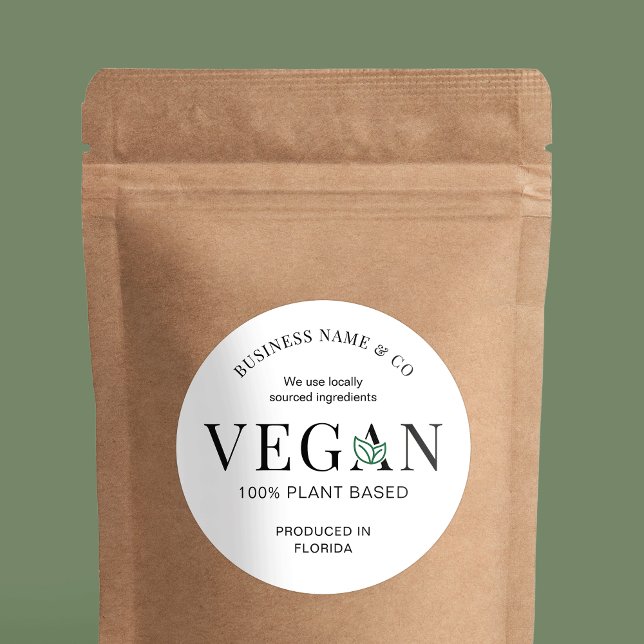 Vegan Friendly Modern Plant Based Product Label (Stylish vegan product label in black white and green with space for your business name and tag line)