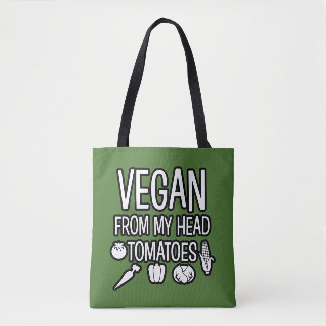Vegan from my head tomatoes funny tote bag (Front)