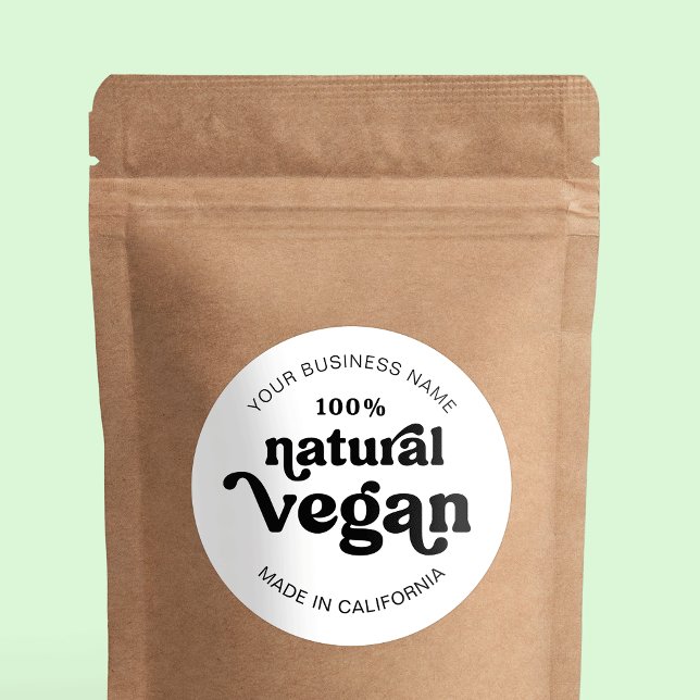 Vegan Modern Retro Natural Food Bakery Label (Trendy round sticker for natural vegan products, featuring groovy font in black and white)