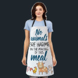 Vegan No Animals were harmed cute cartoon animal Apron<br><div class="desc">Lovely vegan apron featuring four cute cartoon animals (pig,  rooster,  cow,  and sheep),  with the caption No animals were harmed in the making of this meal in black and blue modern lettering</div>