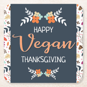 Vegan Thanksgiving blue floral with orange text Square Paper Coaster