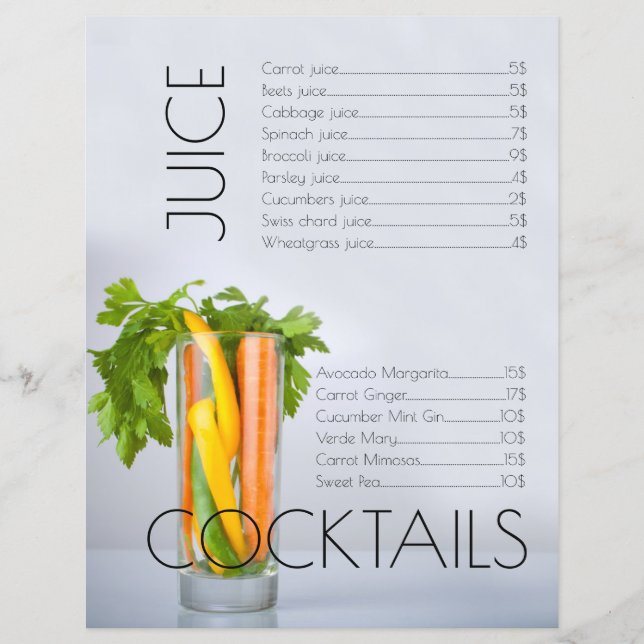 Vegan Vegetable Juice Cocktail Bar Menu Price List (Front)