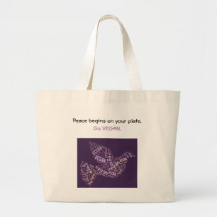 "Vegan" Word-Cloud Mosaic Peace Dove & Quote Large Tote Bag