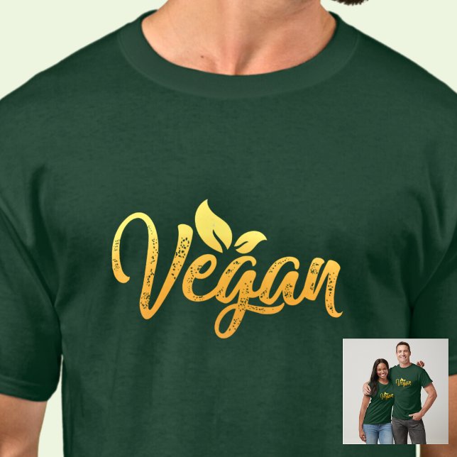 Vegan Word Yellow Gold Typography on Green  T-Shirt (Creator Uploaded)