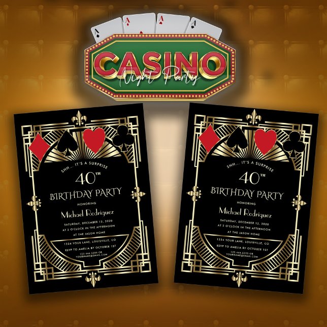 Vegas Casino Royale Great Gatsby 40th Birthday Invitation (birthday party invitation, casino night birthday invite, gold black Las Vegas birthday invitation)