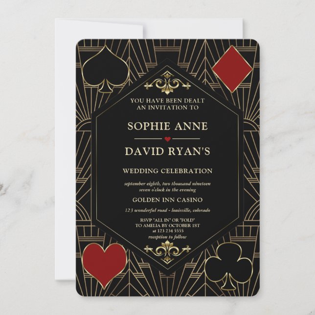 Vegas Gold Art Deco Casino QR Code Poker Wedding  Invitation (Front)