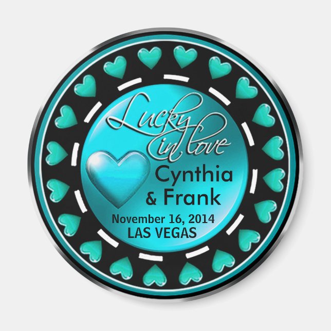 Vegas Lucky in Love Hearts Casino Chip teal Magnet (Front)
