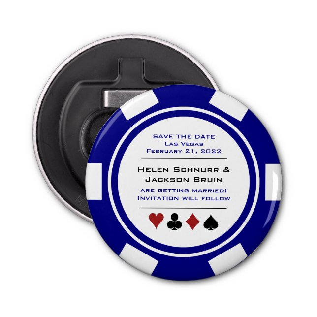 Vegas Navy Blue White Poker Chip Save The Date Bottle Opener (Front)