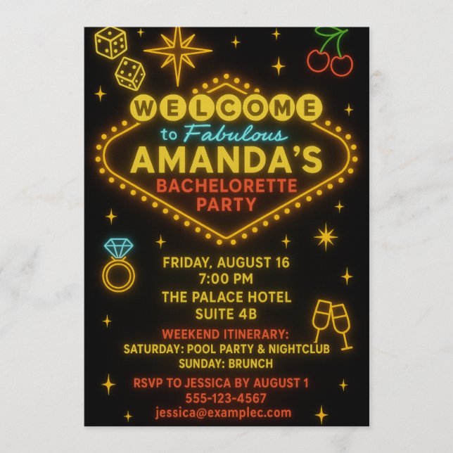 Vegas Neon Sign Bachelorette Party Invitation  (Front)