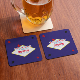 Vegas Sign Midnight Blue Personalised Square Paper Coaster