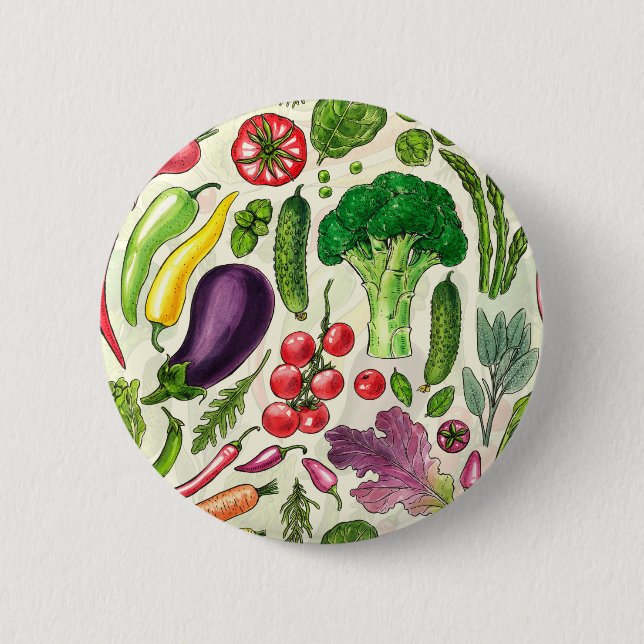 Vegetable and herbs garden harvest on off white 6 cm round badge (Front)