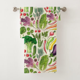 Vegetable and herbs garden harvest on off white bath towel set