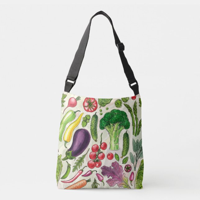 Vegetable and herbs garden harvest on off white crossbody bag (Front)