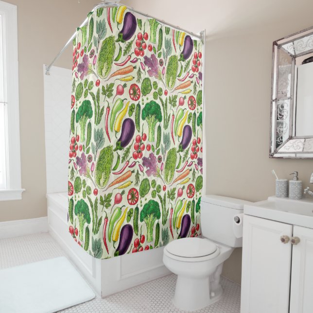 Vegetable and herbs garden harvest on off white shower curtain (In Situ)