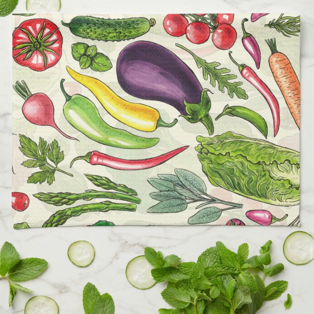 Vegetable and herbs garden harvest on off white tea towel (Folded)