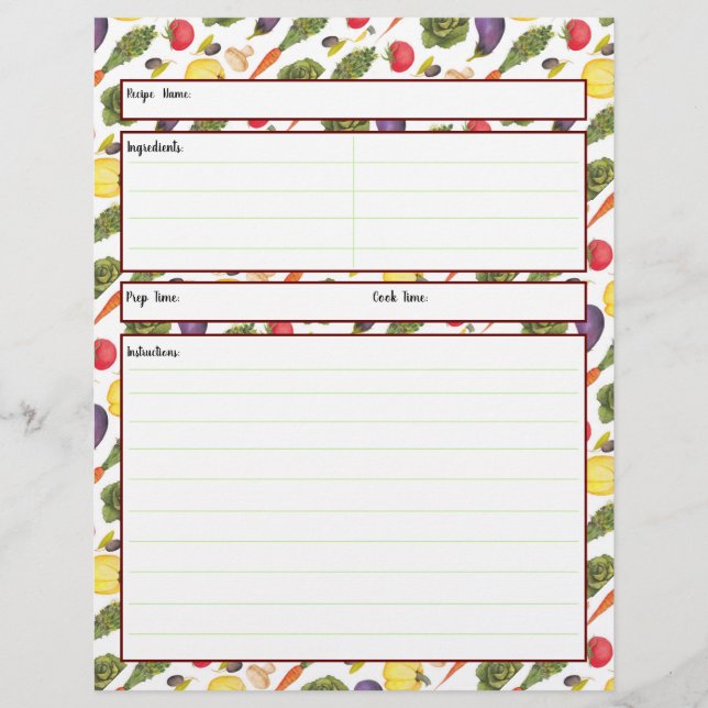 Vegetable  Recipe Sheet (Front)