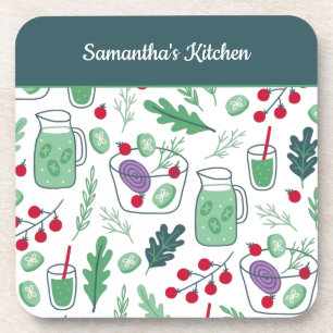 Vegetable Salad Pattern with Name Green Kitchen Coaster